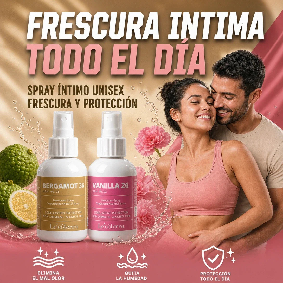 Spray íntimo unisex Le'côterra: Bergamot 36 para hombre y Vanilla 26 para mujer, frescura íntima todo el día