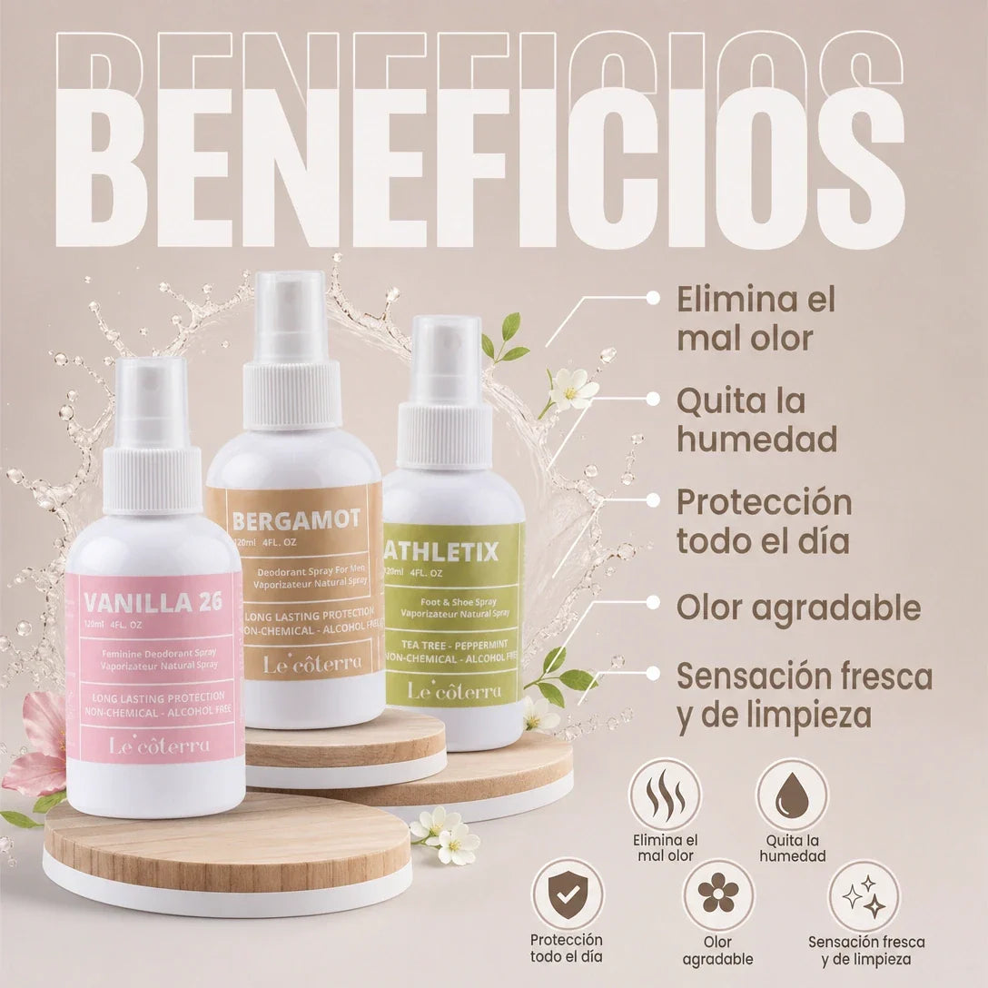 Beneficios del spray desodorante natural Le'côterra: elimina el mal olor, quita la humedad y protege todo el día