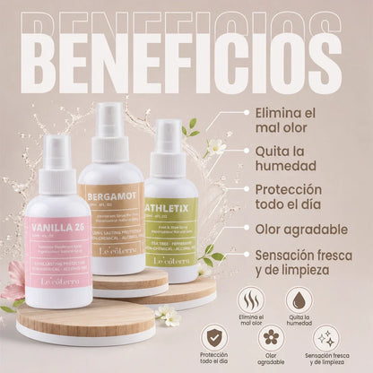 Beneficios del spray desodorante natural Le'côterra: elimina el mal olor, quita la humedad y protege todo el día