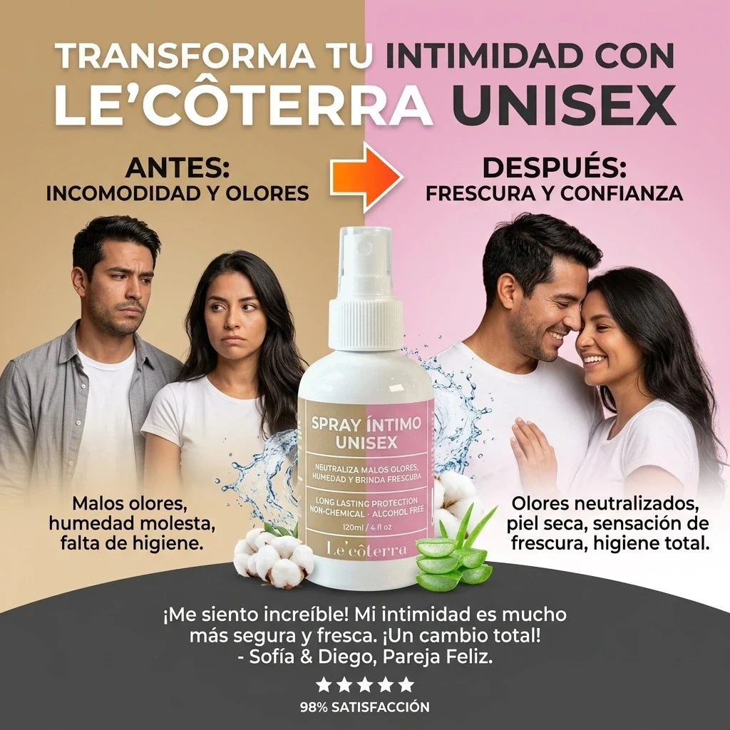 Antes y después del spray íntimo unisex Le'côterra: olores neutralizados, piel seca y sensación de higiene total