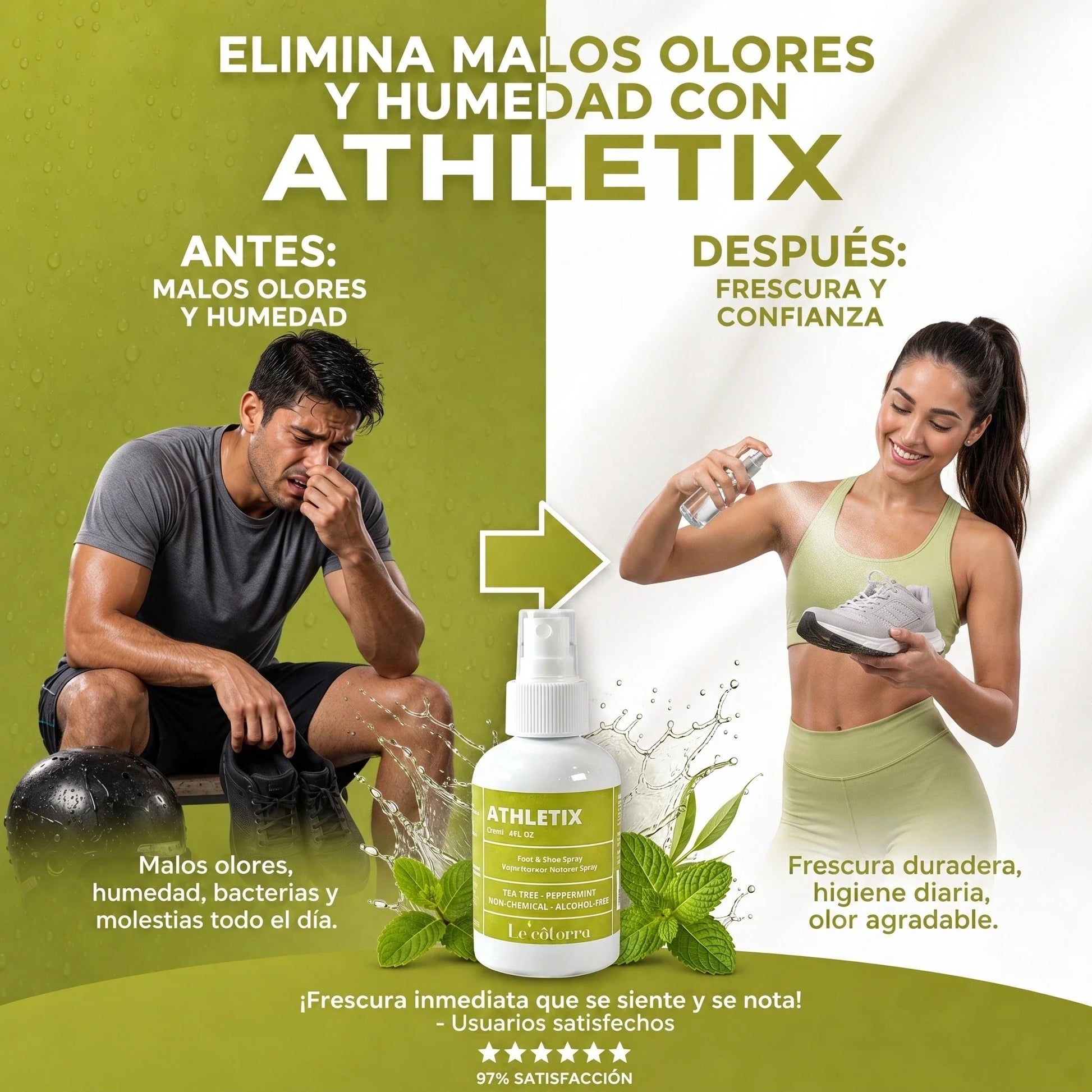 Antes y después de Athletix Le'côterra: elimina malos olores, humedad y bacterias en pies y calzado deportivo